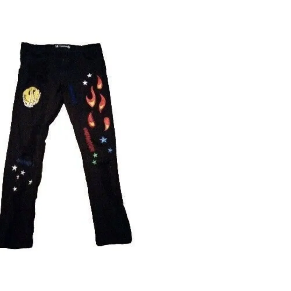Cynicism Jeans Black Denim Distressed Graphic Print Stars Flames Size 38‎